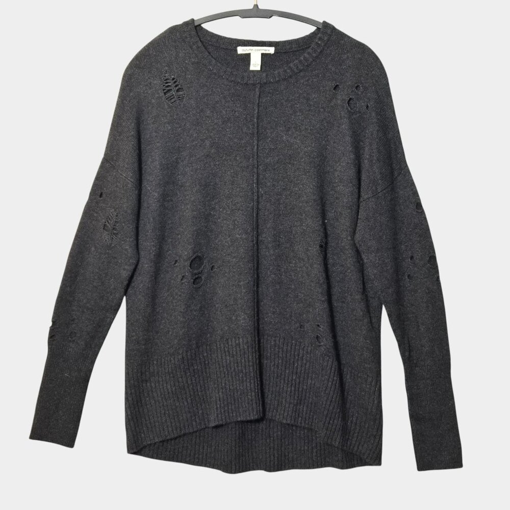 Autumn Cashmere Distressed Crewneck Leaf Print Sweater L Charcoal Gray Soft Cozy